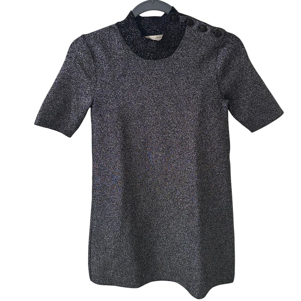 Sézane La Maille Gina Metallic Shift Dress Mock Turtleneck Metallic Accents, XS